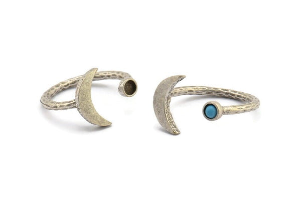 Silver Ring Settings, 4 Antique Silver Plated Brass Moon And Planet Ring With 1 Stone Setting - Pad Size 3mm N1020 H0456