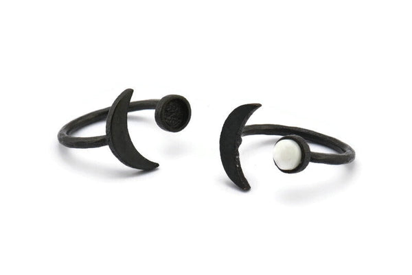 Black Ring Settings, 3 Oxidized Black Brass Moon And Planet Ring With 1 Stone Setting - Pad Size 5mm N0821 S1164