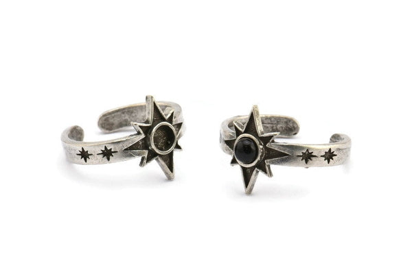 Silver Star Ring, 2 Antique Silver Plated Brass Ethnic Star Rings With 1 Stone Settings - Pad Size 4mm N1960 H1468