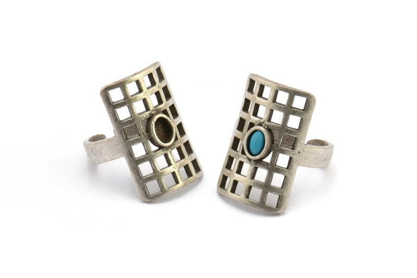 Silver Ring, Antique Silver Plated Brass Rectangle Ring With 1 Stone Settings - Pad Size 5x4mm N1846 H1538