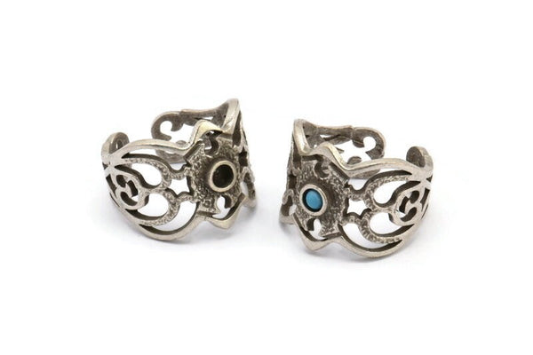 Gümüş Boho Yüzük, Antik Gümüş Kaplama Pirinç Boho Yüzükler, 1 Taş Ayarlı - Ped Boyutu 3 mm N1836 H1548