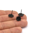 Black Flower Earring, 6 Oxidized Black Brass Flower Stud Earrings With 1 Hole (11x13mm) N1203 S651