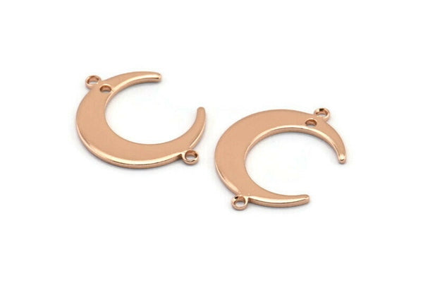 Rose Gold Moon Charm, 6 Rose Gold Plated Brass Crescent Moon Charms With 2 Loops and 1 Hole, Connectors (22x17x1mm) D0765 Q0772