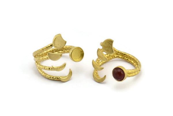 Brass Ring Settings, 2 Raw Brass Moon Phases And Planet Ring With 1 Stone Setting - Pad Size 6mm V137