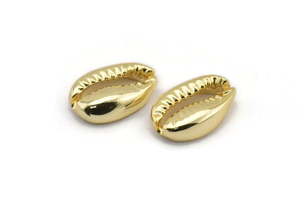 Gold Shell Finding, 4 Gold Plated Brass Cowrie Shell Findings, Pendants, Charms, Earrings, Beads (10-16mm) E200 Q1092