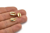 Gold Shell Finding, 4 Gold Plated Brass Cowrie Shell Findings, Pendants, Charms, Earrings, Beads (10-16mm) E200 Q1092