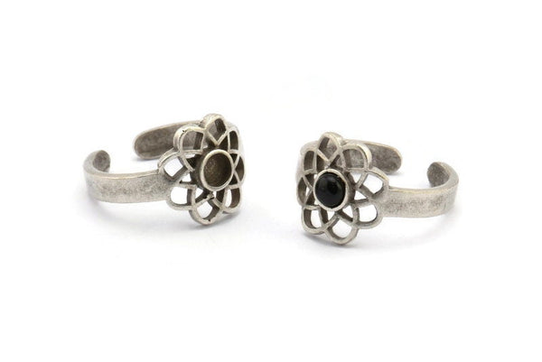 Silver Royal Ring, 2 Antique Silver Plated Brass Royal Rings With 1 Stone Settings - Pad Size 4mm N1947 H1487