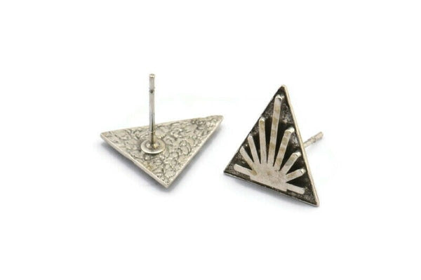 Silver Triangle Earring, 4 Antique Silver Plated Brass Triangle Stud Earrings (13x1.5mm) N1816
