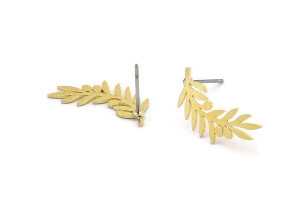 Brass Leaf Earring, 10 Raw Brass Branch Shaped Stud Earrings, Findings (20x9x0.60mm) A3007