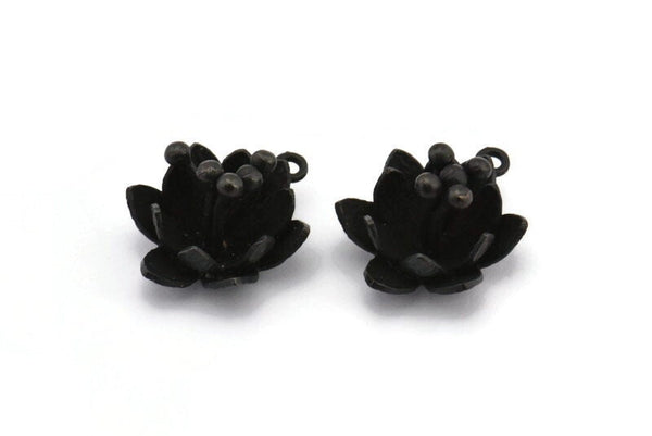 Black Flower Pendant, 2 Oxidized Brass Black Lotus Flower Pendant With 1 Loop, Earring Findings (22.5x17x13mm) BS 1909 S347