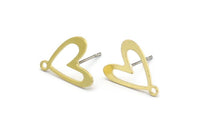 Brass Heart Earring, 12 Raw Brass Heart Shaped Stud Earrings With 1 Loop (14x12x0.60mm) A2946
