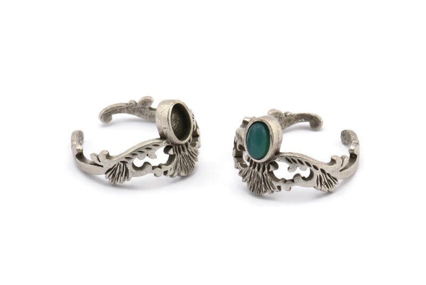 Gümüş Etnik Yüzük, 1 Taş Ayarlı 2 Antik Gümüş Kaplama Pirinç Etnik Yüzük - Ped Boyutu 6x4mm N1857 H1535