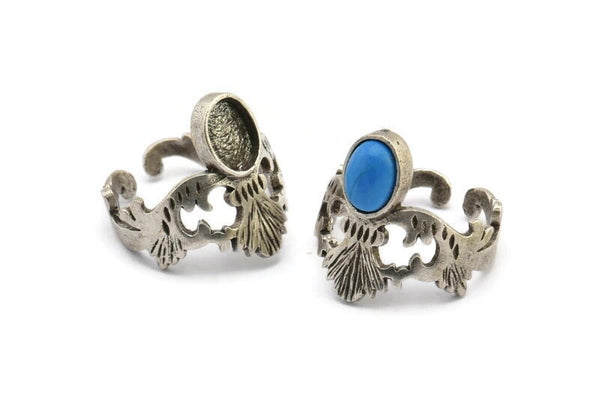 Gümüş Yüzük Ayarı, 1 Taş Ayarlı Antik Gümüş Kaplama Pirinç Yüzükler - Ped Boyutu 8x6mm N1805 H1542