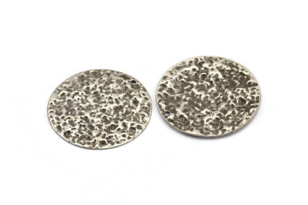 Silver Disc Charm, 6 Hammered Antique Silver Plated Brass Round Charms With 1 Hole, Earrings, Findings (30x0.70mm) D974 H1061