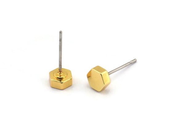 Gold Hexagon Earring, 6 Gold Plated Brass Hexagon Stud Earrings (5x2mm) D0127 A1315