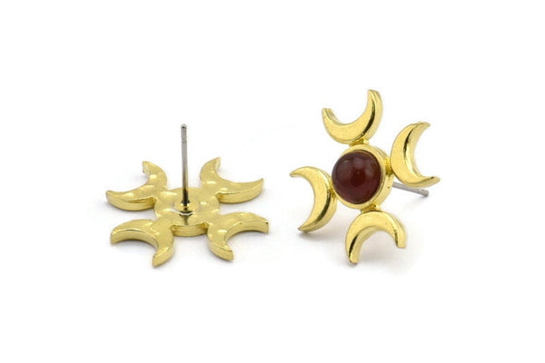Brass Moon Earring, 4 Raw Brass Crescent Moon Stud Earrings - Pad Size 6mm (19mm) N1328