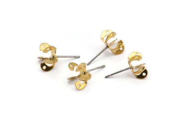 Ear Studs For Chaton, 50 Stainless Steel Earring Posts With Raw Brass 5mm Pad, Ear Studs For Chaton Rhinestone Bs-1253