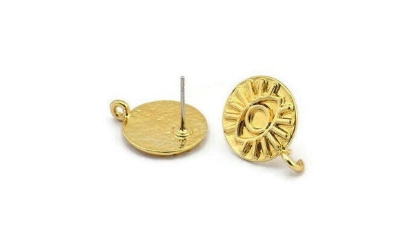 Gold Round Earring, 2 Gold Plated Brass Eye Shaped Round Stud Earrings With 1 Loop (17x14x1.5mm) N1850
