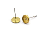 Steel Earring Post, 50 Stainless Steel Earring Posts With Raw Brass (6mm) Pad, Ear Studs Brc263