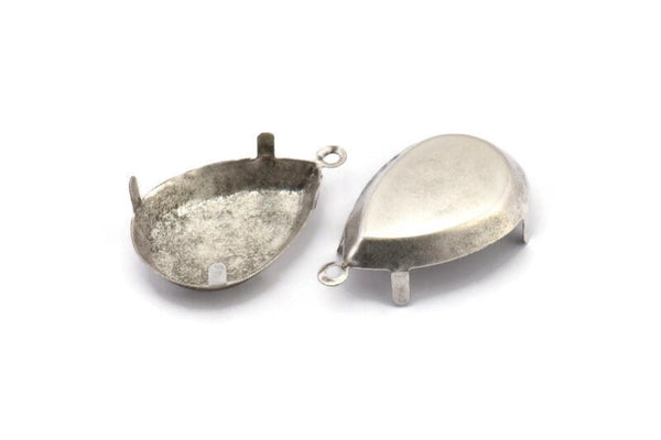 Pear Drop Prong Setting, 15 Antique Silver Plated Brass Pear Drop Prong with 4 Claws and 1 Loop,  (18x25mm) S399