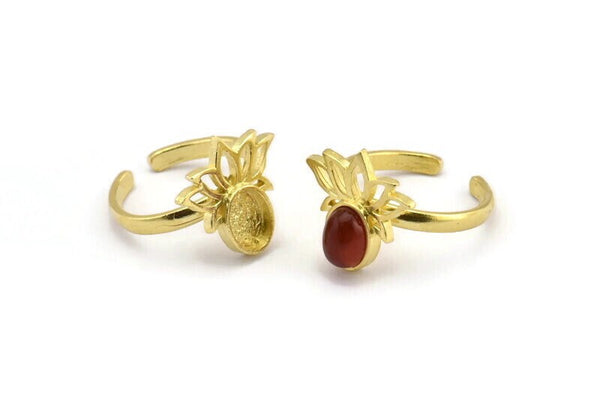 Brass Ring Settings, 2 Raw Brass Lotus Flower Rings With 1 Oval Shaped Stone Setting - Pad Size 8x6mm N2103