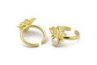 Brass Ring Settings, 2 Raw Brass Lotus Flower Rings With 1 Round Shaped Stone Setting - Pad Size 6mm N2102