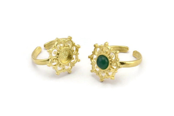 Brass Ring Settings, 2 Raw Brass Flower Rings With 1 Round Shaped Stone Setting - Pad Size 6mm N2101
