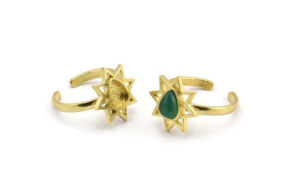 Brass Ring Settings, 2 Raw Brass Star Rings With 1 Drop Shaped Stone Setting - Pad Size 8x6mm N2107