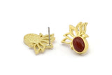 Brass Flower Earring, 4 Raw Brass Lotus Flower Stud Earrings With 1 Oval Shaped Stone - Pad Size 8x6mm N2086