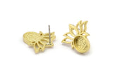 Brass Flower Earring, 4 Raw Brass Lotus Flower Stud Earrings With 1 Oval Shaped Stone - Pad Size 8x6mm N2086