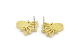 Brass Flower Earring, 4 Raw Brass Lotus Flower Stud Earrings With 1 Oval Shaped Stone - Pad Size 8x6mm N2086