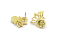 Pirinç Çiçek Küpe, 1 Yuvarlak Şekilli Taşlı 4 Ham Pirinç Lotus Çiçeği Küpe - Ped Boyutu 6mm N2085