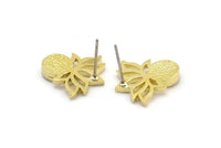 Pirinç Çiçek Küpe, 1 Yuvarlak Şekilli Taşlı 4 Ham Pirinç Lotus Çiçeği Küpe - Ped Boyutu 6mm N2085