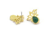 Brass Flower Earring, 4 Raw Brass Lotus Flower Stud Earrings With 1 Drop Shaped Stone - Pad Size 8x6mm N2084