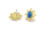 Brass Star Earring, 4 Raw Brass Star Stud Earrings With 1 Oval Shaped Stone - Pad Size 8x6mm N2082