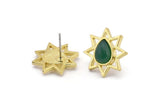 Brass Star Earring, 4 Raw Brass Star Stud Earrings With 1 Drop Shaped Stone - Pad Size 8x6mm N2081