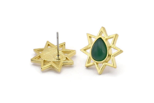 Brass Star Earring, 4 Raw Brass Star Stud Earrings With 1 Drop Shaped Stone - Pad Size 8x6mm N2081