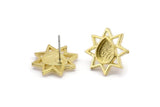 Brass Star Earring, 4 Raw Brass Star Stud Earrings With 1 Drop Shaped Stone - Pad Size 8x6mm N2081