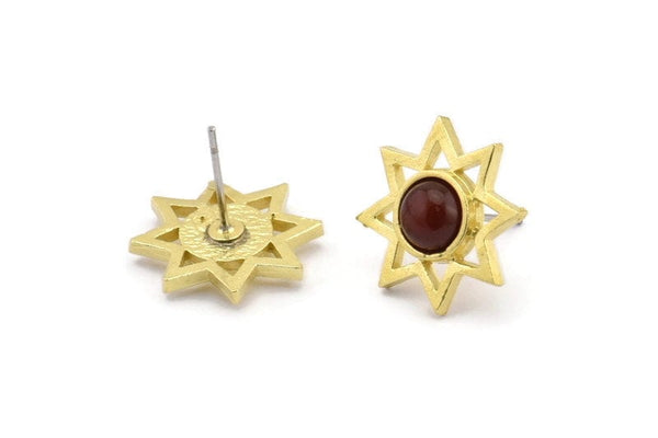 Brass Star Earring, 4 Raw Brass Star Stud Earrings With 1 Round Shaped Stone - Pad Size 6mm N2083