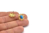 Brass Flower Earring, 4 Raw Brass Flower Stud Earrings With 1 Oval Shaped Stone - Pad Size 8x6mm N2092