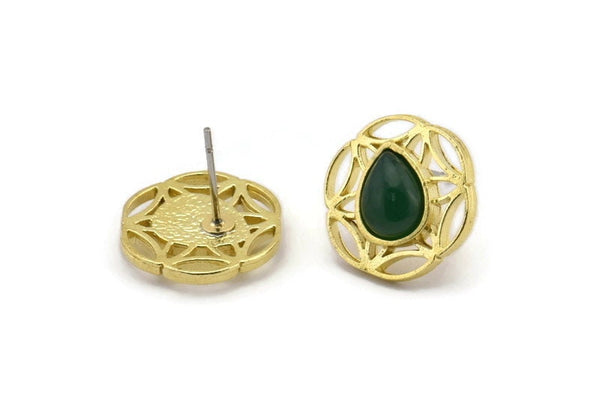 Brass Flower Earring, 4 Raw Brass Flower Stud Earrings With 1 Drop Shaped Stone - Pad Size 8x6mm N2090