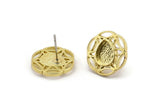 Brass Flower Earring, 4 Raw Brass Flower Stud Earrings With 1 Drop Shaped Stone - Pad Size 8x6mm N2090