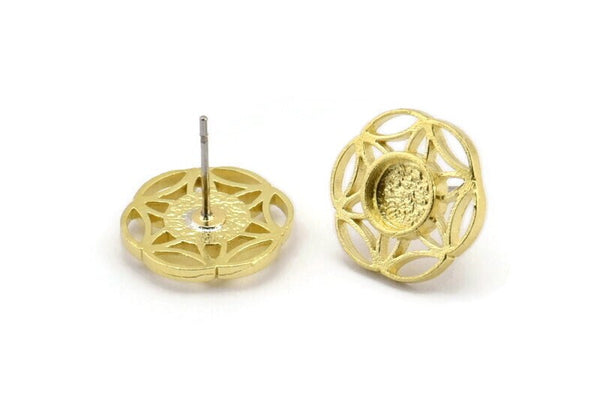 Brass Flower Earring, 4 Raw Brass Flower Stud Earrings With 1 Round Shaped Stone - Pad Size 6mm N2091