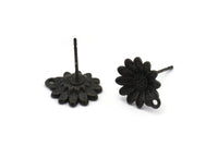 Black Flower Earring, 6 Oxidized Black Brass Flower Stud Earrings With 1 Hole (11x13mm) N1203 S651