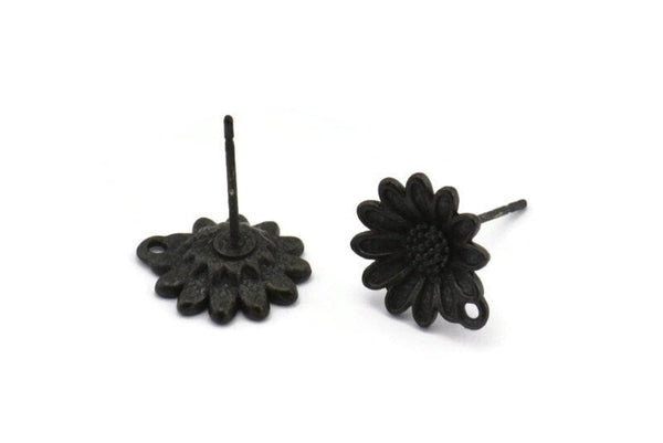 Black Flower Earring, 6 Oxidized Black Brass Flower Stud Earrings With 1 Hole (11x13mm) N1203 S651