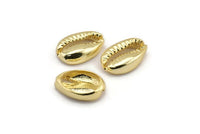 Gold Shell Finding, 4 Gold Plated Brass Cowrie Shell Findings, Pendants, Charms, Earrings, Beads (10-16mm) E200 Q1092