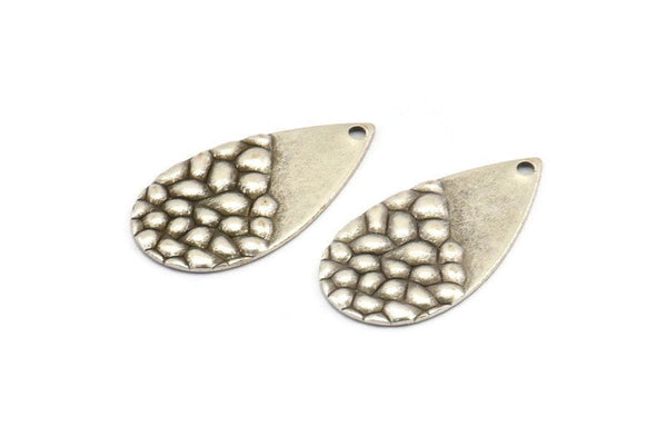 Silver Drop Charm, 12 Textured Antique Silver Plated Brass Drop Charms With 1 Hole, Earrings, Findings (25x13x1mm) D976 H1167