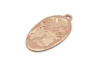Rose Gold Cat Charm, 1 Rose Gold Lacquer Plated Brass Cat And Bird Textured Oval Charms With 1 Loop, Blanks (42x24x1.2mm) E218