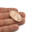 Rose Gold Cat Charm, 1 Rose Gold Lacquer Plated Brass Cat And Bird Textured Oval Charms With 1 Loop, Blanks (42x24x1.2mm) E218