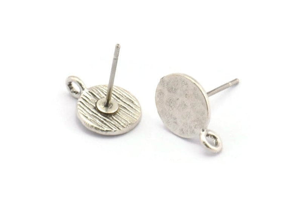 Silver Earring Posts, 12 Antique Silver Plated Brass Round Earring Stud, Earring Charms With 1 Loop (9mm) N0803 H1179